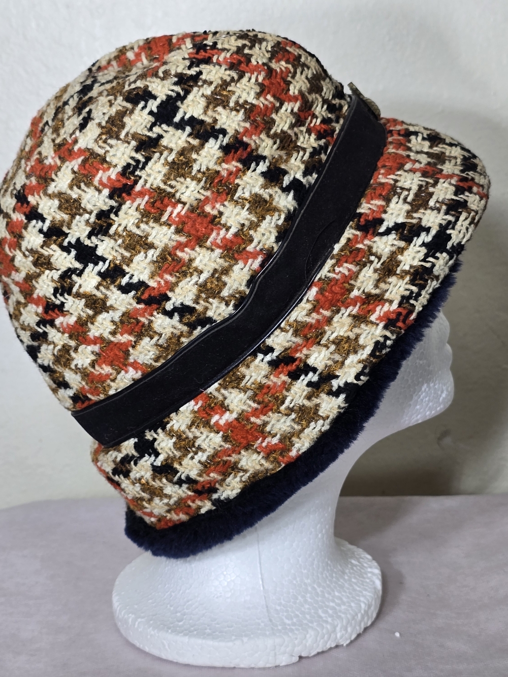 Scala Collezione Tweed Cloche Bucket Hat Medium Wool Blend Cream Brown Rust - Picture 6 of 11